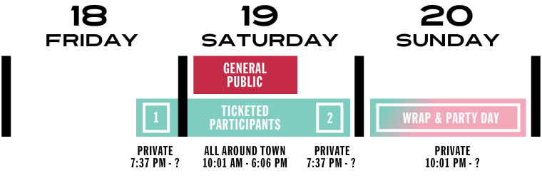 Time Tourist weekend schedule — Friday evening event, Saturday open to public 10am–6pm plus ticketed and collaborator events, Sunday all-day event